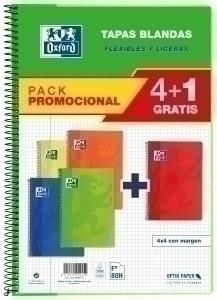 BLOC OXFORD SCHOOL tapa BLANDA Fº 80h CUADRIC.4x4 PACK 4+1 (col. vivos)