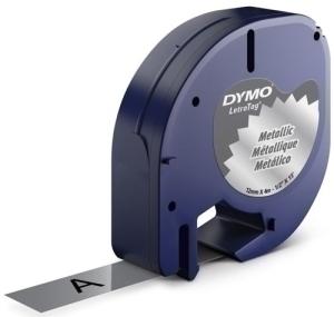 CINTA de ROTULAR DYMO LETRATAG PLASTICO METALIZADA 4m 12mm NEGRO sobre PLATA (91208)