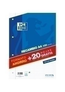 RECAMBIO OXFORD SCHOOL A4 120h (100+20) 90gr 4 TALADROS CUADRIC.4x4 C/MARGEN AZUL