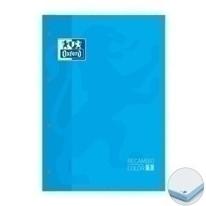 RECAMBIO OXFORD SCHOOL COLOR 1 ENCOLADO A4+ 80h 90gr 4 TALADROS CUADRIC.5x5 AZUL TURQUESA (1 color de recuadro)