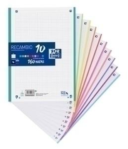 RECAMBIO OXFORD SCHOOL COLOR 10 A4 160h 90gr 4 TALADROS CUADRIC.5x5 (10 colores en banda)