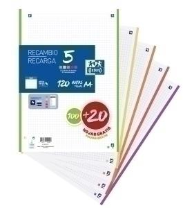 RECAMBIO OXFORD SCHOOL A4 120h (100+20) 90gr 4 TALADROS CUADRIC.5x5 (5 colores VIVOS en banda)