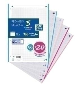 RECAMBIO OXFORD SCHOOL A4 120h (100+20) 90gr 4 TALADROS CUADRIC.5x5 (5 colores PASTEL en banda)