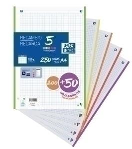 RECAMBIO OXFORD SCHOOL A4 250h (200+50) 90gr 4 TALADROS CUADRIC.5x5 (5 colores VIVOS en banda)