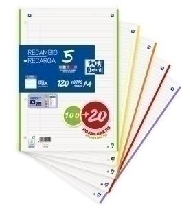 RECAMBIO OXFORD SCHOOL A4 120h (100+20) 90gr 4 TALADROS HORIZONTAL (5 colores VIVOS en banda)