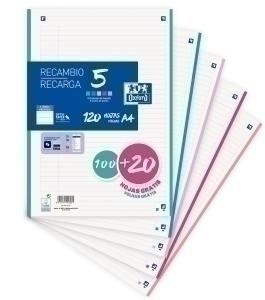 RECAMBIO OXFORD SCHOOL A4 120h (100+20) 90gr 4 TALADROS HORIZONTAL (5 colores PASTEL en banda)