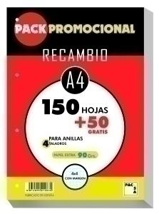 RECAMBIO PACSA A4 200h (150+50) 90gr 4 TALADROS CUADRIC.4x4 C/MARGEN