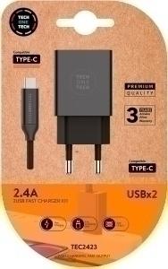 CARGADOR TECHONE DOBLE + CABLE USB-USB-C /TEC2423